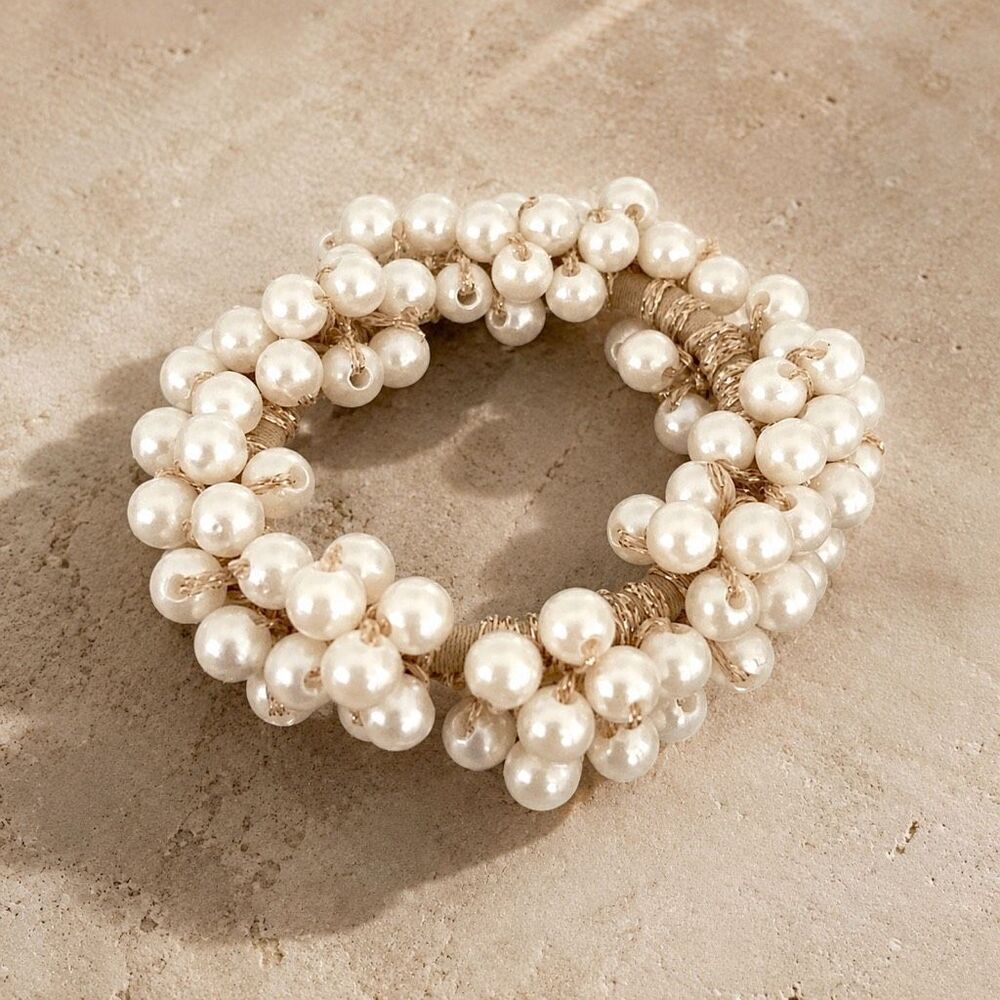 Pearl Cluster Hair Tie – Gold Elastic, Cream Pearls, Gift Pouch